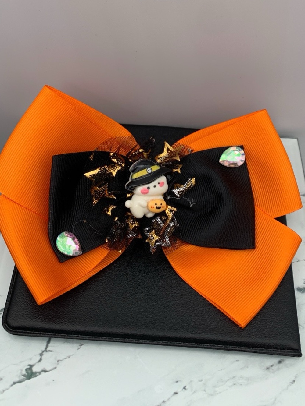 NWOT 5 inch Orange and Black Halloween Bow Hair Clip with ghost Pumpkin Charm